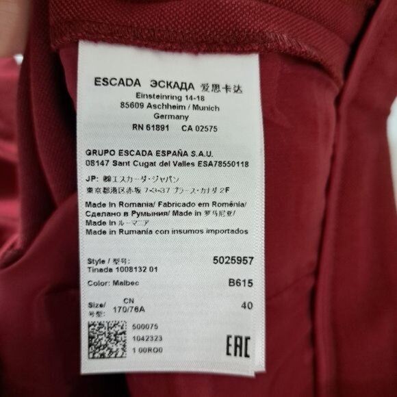 Escada Deep Red / Burgundy Wool Blend Straight‎ Leg Slacks 40 - Picture 7 of 13